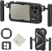 NEEWER Phone Cage Compatible with iPhone 15 Pro Max with Dual Handles Metal 67mm Filter Adapter 17mm Lens Backplane Cleaning Cloth Phone Rig Smartphone Stabilizer Video Rig for Video Recording, PA024K