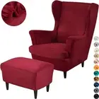 Stretch Velvet Wing Back Chair Cover With Storage Stool Ottoman Cover 3 Pcs Set