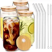 Drinking Glasses with Bamboo Lids and Glass Straw 4pcs Set - 16oz Can Shaped Glass Cups, Iced Coffee Glasses, Beer Glasses, Cute Reusable Bottle, Ideal for Whiskey, Tea, Gift - 2 Cleaning Brushes