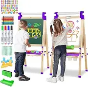 JOYOOSS Easel for Kids Art Easel Kids Easels for Toddlers,Wooden Kid Easel with Paper Roll - Adjustable Magnetic Double Sided Kids Dry Erase board, Art Easel for Toddlers Outdoor Easel for Kids Purple