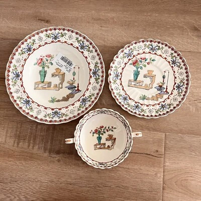 NWT VTG 3 PCs Spode Canton Cowslip Flat Cream Soup Bowl & Saucer, 9” Soup Bowl