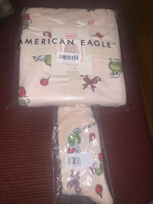 American Eagle Grinch Plush Candy Cane Xmas Pajama Set w/Socks Women Sz Large