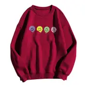 Nevenka Womens Smiley Face Sweatshirts Crewneck Loose Pullover-Wine Red