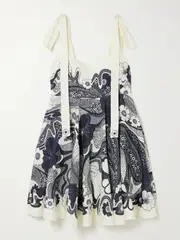 [ALÉMAIS] ALÉMAIS - Mickey Tie-detailed Shirred Floral-print Linen-gauze Mini Dress - Navy - US10 US 10 Blue