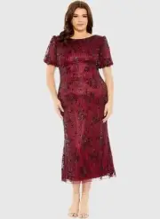 Mac Duggal Size 16 W Burgundy Puff Sleeve Embellished Cocktail MIDI Dress $598