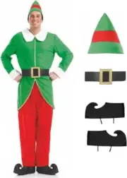 Men`s Christmas Elf Costume + Hat Adult Buddy Santa`s Helper Xmas Elf Suit M-XL