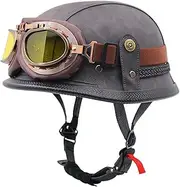Vintage Motorcycle Half Helmet Leather Half Cover Helmet with Goggles Motorbike Open Helmet for Adult Men Ladies Chopper Motorcycle Cruiser DOT/ECE Approved