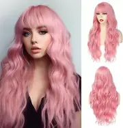 26 Inch Pink Wig with Bangs Long Wavy Wigs for Women Curly Wavy Wig with Bangs N
