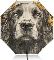 [PDZRMY] Dog Flowers Gold UV Protection Travel Umbrella Compact for Rain and Sun - Auto Open and Close UPF 50+ Windproof Portable 46” Sun Umbrella for Women and Men