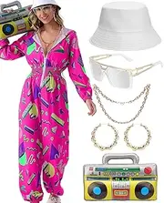 WILDPARTY 80s 90s Outfit Jumpsuit Women's Tracksuit Overall Hoodie, Jogging Suit with Inflatable Ghetto Blaster Hat Glasses Necklace Earrings Carnival Fancy Dress Theme Party Costume