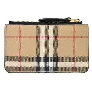 【BURBERRY 巴寶莉】英系經典格紋牛皮拼接鑰匙圈零錢包(卡其/黑)