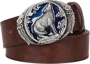 [RGWYGCG] Men's Belts Leather,Casual Western Cowboy Belt Wolf Pattern Alloy Buckle European American Hip-Hop