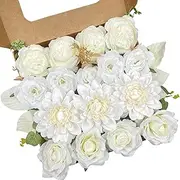 NoriStyle White Flowers Artificial for Wedding Decorations, Silk Peony and Rose Bouquets with Stems for Wedding Table Centerpieces Baby Shower Party Bridal Bouquets Indoor Decor (White Champagne)