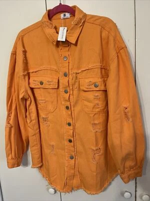 Bellezza Republic Womens XL Peach Orange Denim JacketDistressed Business Cas NWT