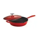 Enameled Cast Iron Skillet with Lid, 10-inch Frying Pan, Red