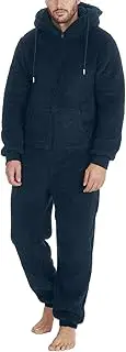 [Lmdudan] Winter Sherpa Fuzzy One Piece Pajamas for Men Hoodie Zipper Jumpsuits Loungewear Long Sleeve Warm Fleece Plush Romper