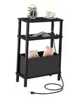 Small Narrow Side Table with Charging Station, Skinny End Table with Fabric