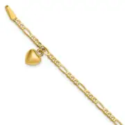 14k Yellow Gold Figaro Chain Link with Dangling Heart Anklet 2.2g for Mom