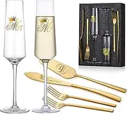 iooiluxry Gold Wedding Cake Knife and Server Set, Mr and Mrs Champagne Flutes Glasses with Cake Cutting Set for Wedding Bridal Shower Gifts