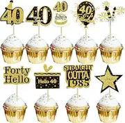 Gyufise 36Pcs Happy 40th Birthday Cupcake Toppers Glitter Black Gold Forty Straight Outta 1985 Cupcake Picks 40 Fabulous Cheers to 40 Years Cake Decorations for 40th Birthday Party Supplies