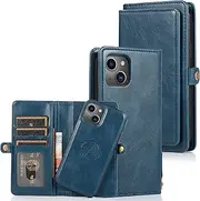 Cavor for iPhone 14 Wallet Case,2 in 1 Magnetic Detachable Case Leather Flip Cover with Stand Feature & Card Slots & Wristlet Strap (6.1")-Navy Blue