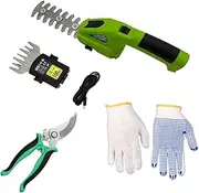 [HPAMR] 2 in 1 Electric Handheld Cordless Hedge Trimmer with Grass Shears and Gloves, Lightweight Electric Trimmer with Rechargeable Lithium-Ion Battery and Type-C Cable for Garden and Lawn(Green)