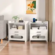 Advwin Set of 2 BedSide Table LED RGB 3 Drawers Nightstand With Charging Station and USB Port White