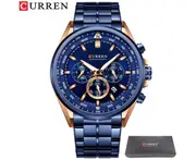 CURREN Big Dial Men Quartz New Luxury Mens Wrist Watches 316 Solid Stainless Steel Band with Chronograph Casual Men Sport Watch - Blue Gold Box