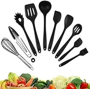 Silicone Kitchenware 11-Piece Set, Large Silicone Cooking Utensils Set, Kitchen Cooking Utensils Set for Spatula, Spoon, Turner Tongs, Brush, Whisk, Dishwasher Safe, Black