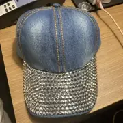 Jeweled Hat Cap Strap Back Womens Adjustable Denim Blue Adjustable Strap
