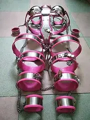 HCUDFN Stainless steel 9 piece sets chastity belt device collar bra arm wrist cuffs thigh knee shaft ankle ring bondage for women couples(Waist 64~70cm)