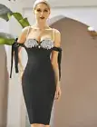 NEW! DESIGNER COUTURE BLACK CRYSTAL BUST BANDAGE DRESS PEARL STRAP EMBELLISHED