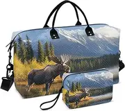 [ZRYSMY] Moose Moutain Landscape Forest Duffel Bag for Traveling, Travel Bag Gym Bag, with Multiple Interior Pockets Shoulder Weekender Bag for Women Men with Toiletry Bag 20.5L x 1.9W x 13.8H