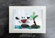 NEW 5” x 7” Framed Handmade Sea Ocean Beach Glass Pebbles, Ceramic Crab Driftwoo