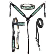 western Leather Equestrian Tooled Beaded Headstall,Breast Collar & Reins. (H056)