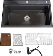 MEJE 80x46cm Workstation 304 Kitchen Sink,304 Stainless Steel Single Bowl with Cutting Board,Grid & Strainer Black Color