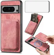 [Asuwish] Phone Case for Google Pixel 8 Pro 5G Wallet Cell Cover with Tempered Glass Screen Protector and Slim Credit Card Holder Slot Pixel8Pro Pixel8 XL Eight 8Pro Women Men Pink