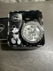 Disney Unisex MK1015 Mickey Mouse Silver Dial Black Crocodile Strap Watch - New