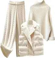 [Generic] Womens Office Ladies Elegant Turtleneck Sweater+Lamb Padded Vest+Twist Knitted Pant Sets