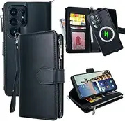 Detachable Wallet Case for Samsung Galaxy S25 Ultra, Magnetic Inner Case Compatible with MagSafe, Premium Leather with Wrist Strap, Cash Coin Pocket Card Slots, Kickstand, Full Protection Cover- Black