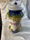 Nonni's Handmade Painted Fruit Lemon Yellow Blue Biscotti Cookie Jar - NEW
