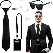 4pcs Agent Costume Accessories Set, Secret Agent Fancy Dress Kit with ID Card Prop Lanyard Fake Earpiece ZipTie Black Frame Sunglasses for Adults Carnival Halloween Cosplay Dress up Party