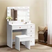 LEVEDE 90CM Makeup Vanity Table with Hollywood Mirror,with Drawers,White Dressing Table with Mirror,Modern Big Vanity Desk Makeup Table 3 Lighting Modes Brightness Adjustable,for Bedroom Dressing Room