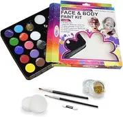 Water Based Non-Toxic FDA Approved Face&Body Paint for Sport Party-Kids adult-12 Colors Palette,25 Stencils, 2 Brushes,2 Glitters,2 sponges,2 Foam applicator(Paints 60-80 Faces)…