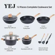 YEJ 12-Piece Non-Stick Complete Cookware Set | Pots, Pans & Utensils (Black)