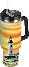 RPLIFE Tumbler with Handle and Straw 40 Oz, Insulated Stainless Steel Coffee Mug for Men Women Travel, Oil Painting Lighthouse Ocean Orange