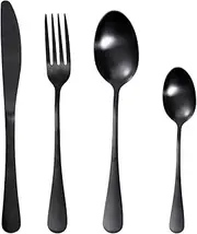 [WOODVIR] 16-Piece Matte Black Stainless Steel Flatware Set - Includes 4 Dinner Knives, Forks, Spoons & Dessert Spoons, Full-Size Durable Rust-Resistant Cutlery for Home, Restaurant, Travel