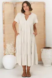 Peggy Midi Dress - Relaxed Mandarin Collar Pleated Bust Tiered Linen Dress in Oat