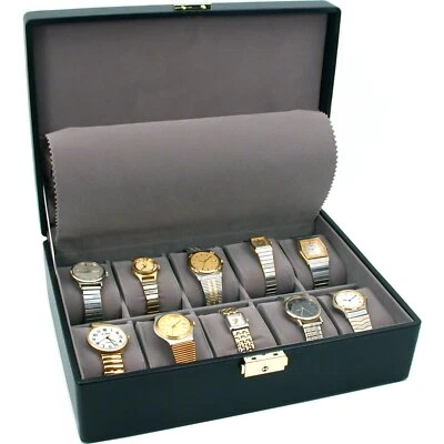 Black Faux Leather 10 Watch Jewelry Display Case Storage Box 11 5/8" x 8"