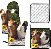 4 pcs Oven Mitts and Pot Holders Set 500°F Heat Resistant Oven Gloves and Hot Pads Kitchen Mittens Guinea Pigs Funny Cooking Gloves Potholders for Baking Grilling